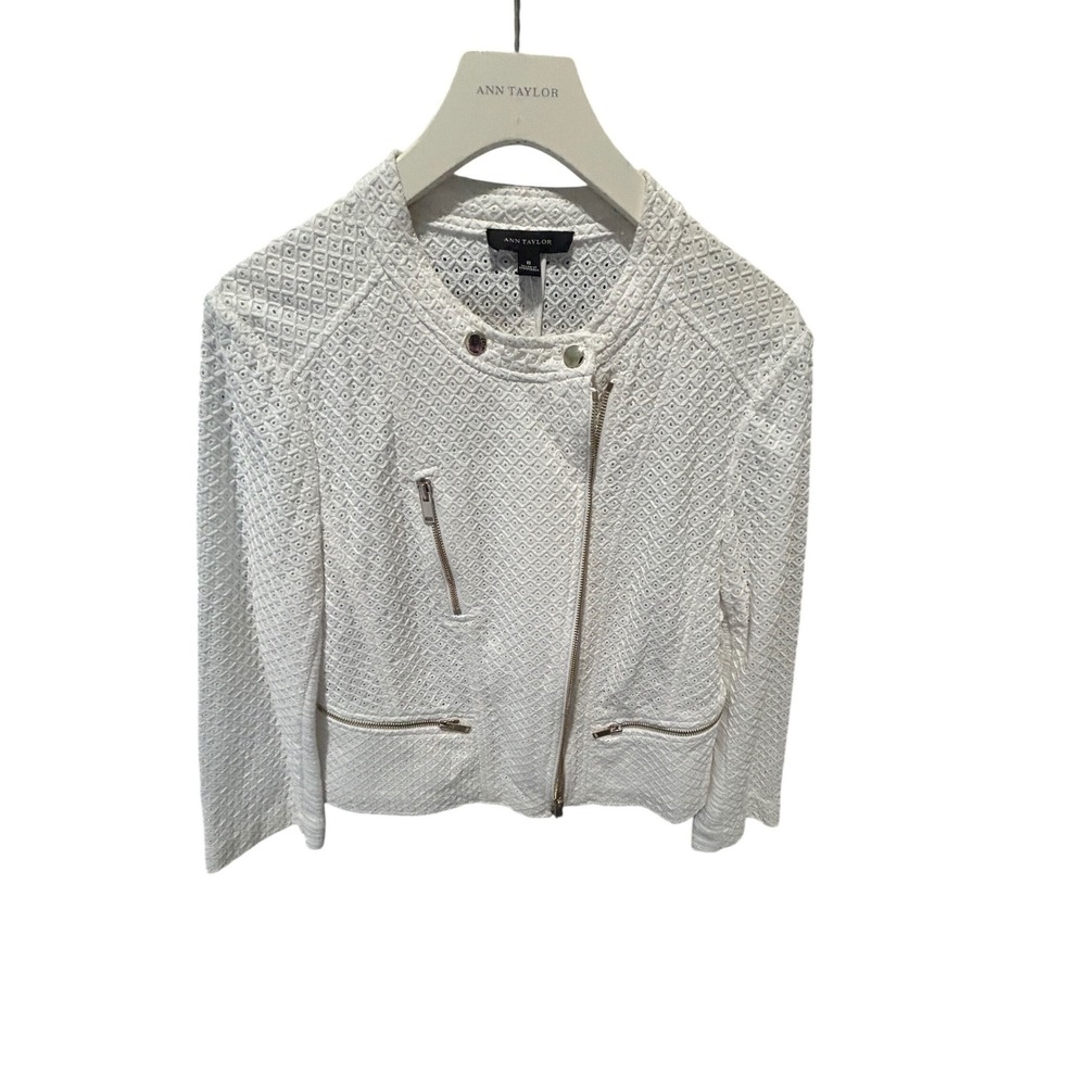 Ann Taylor‎ White Eyelet Moto Jacket Asymmetrical Zip Size 8 NEW
